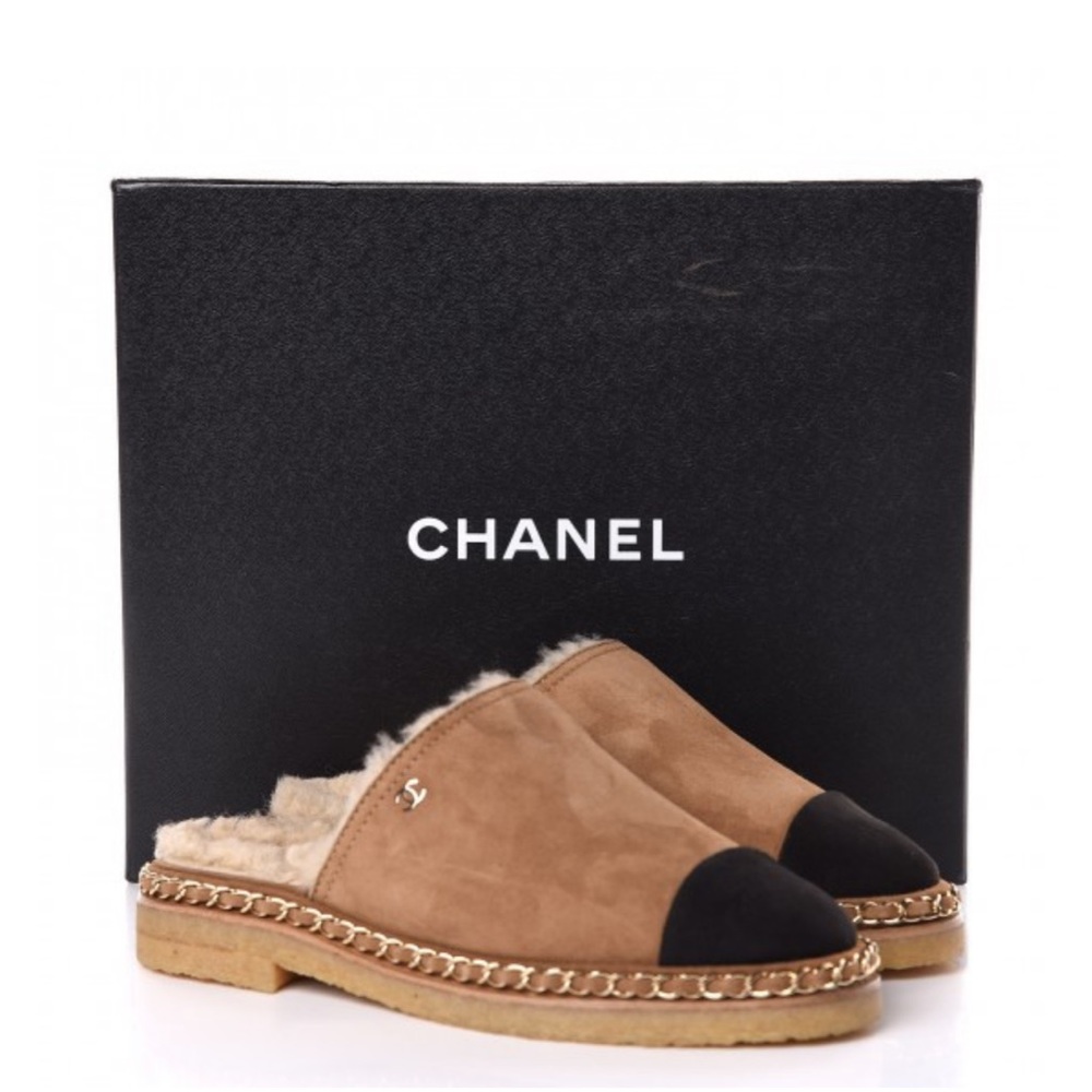 New CHANEL Shoes Suede Shearling CC Chain Mules 36.5 Light Brown Black @…